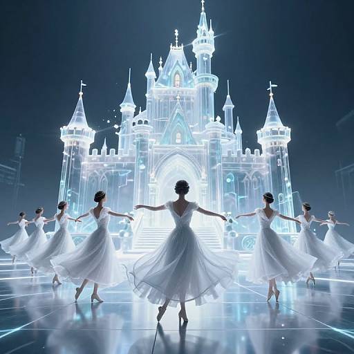 Digital art: Dancers in white dresses perform in front of a glowing, ethereal blue castle with towering spires on a reflective stage.