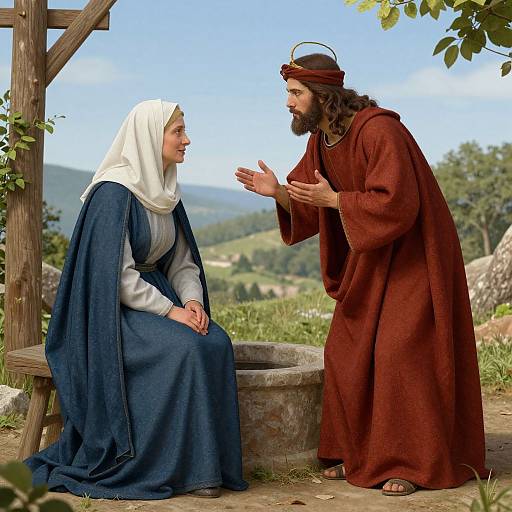 Photorealistic digital painting of Jesus in red robe, with long brown hair and beard, speaking to Mary in blue and white robes by a wooden well