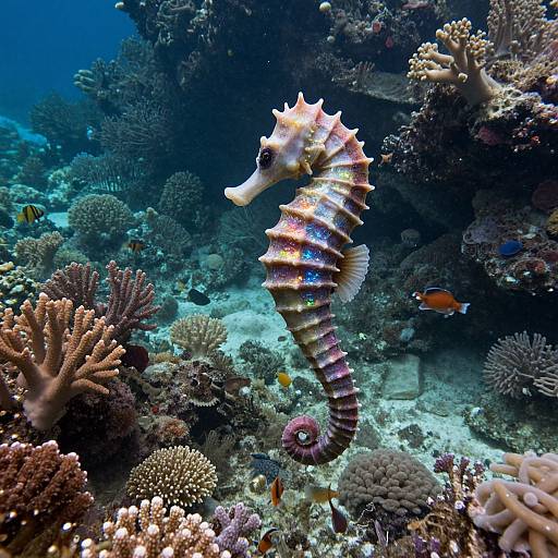Photograph of a vibrant, iridescent seahorse swimming amidst colorful coral reefs with small orange fish and a blue ocean background.