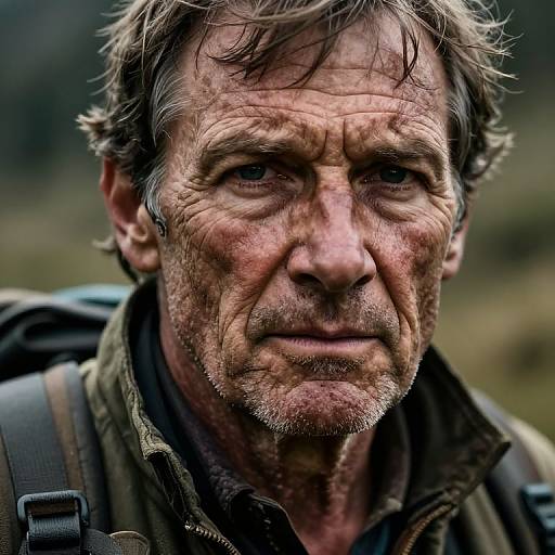 Close-up photograph of a rugged, middle-aged man with weathered face, brown hair, and stubble, wearing a dark jacket, with a backpack