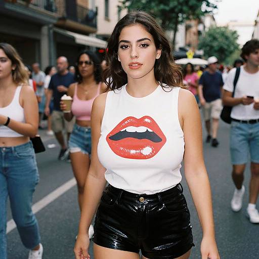 Photograph of a young woman with dark hair, wearing a white tank top with red lips and black shorts, walking on a busy street, surrounded by