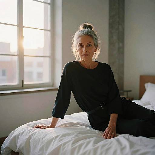 Photograph of a middle-aged woman with gray hair in a bun, wearing a black long-sleeve top, sitting on a white bed in a