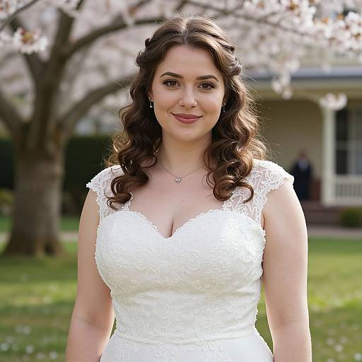 Photograph of a smiling, fair-skinned woman with curly brown hair in an elegant white lace wedding dress, standing in front of blooming cherry trees