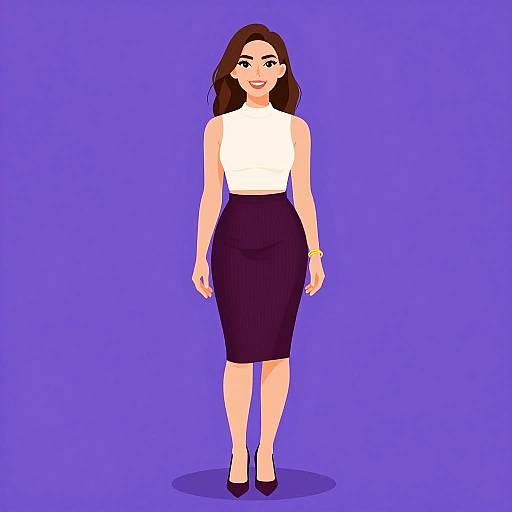 Digital illustration of a smiling woman with fair skin, brown wavy hair, wearing a white sleeveless top, black pencil skirt, and black heels,