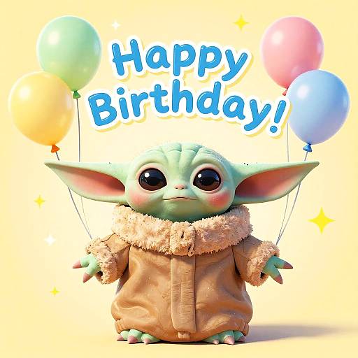 Digital art of a cute, green, big-eyed goblin-like creature wearing a furry brown coat, holding colorful balloons, with 