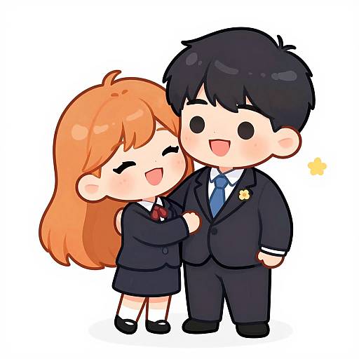 Chibi-style digital drawing of a happy orange-haired girl in a black school uniform hugging a black-haired boy in a black suit with a blue tie