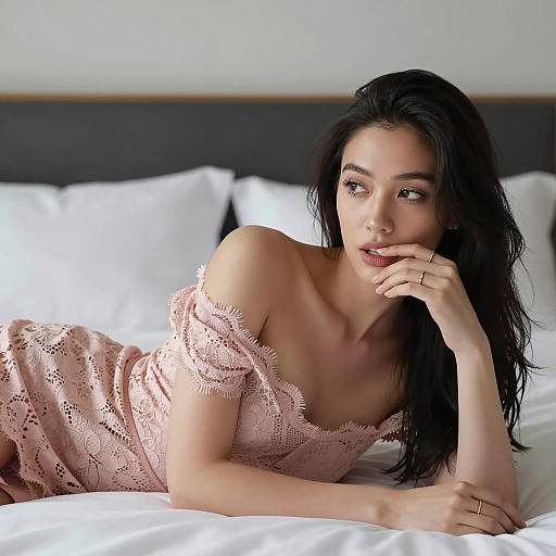Elegant Woman in Lace Dress on Bed