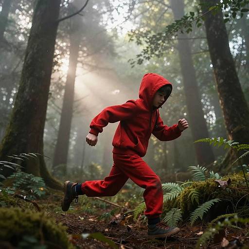Photograph of a young boy in a bright red hoodie and pants, running through a misty forest with sunlight filtering through tall trees. Ferns and