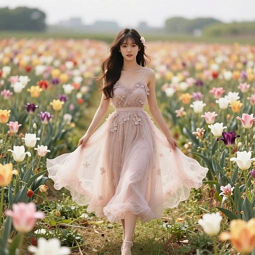 Photograph of an Asian woman with long black hair, wearing a pink, floral-embellished dress, walking through a vibrant field of colorful tul