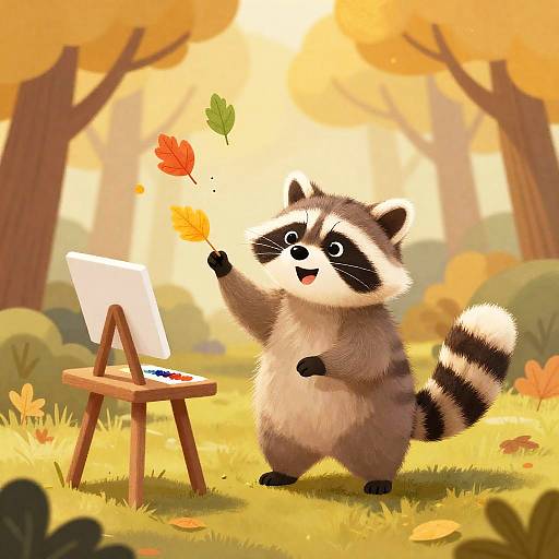 Cheerful Raccoon Painting Autumn Leaves