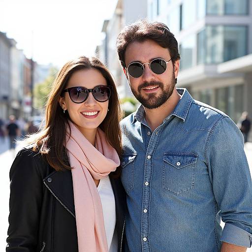 Photograph of a smiling couple standing outdoors; woman with brown hair, black jacket, pink scarf, and sunglasses; man with dark beard, blue denim