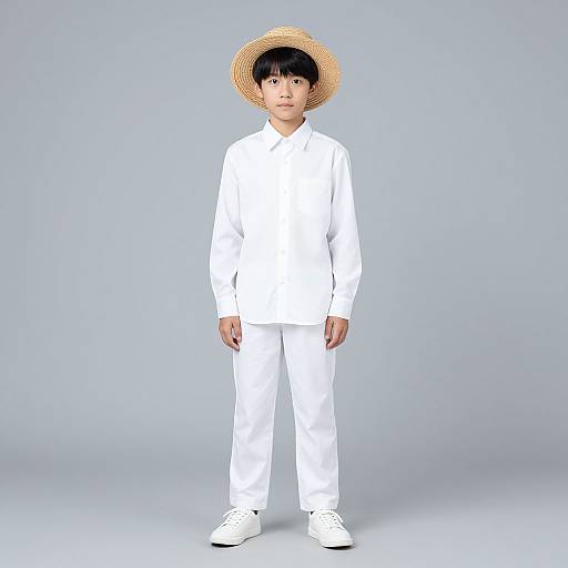Photograph of an Asian boy in white clothes, white shoes, and a straw hat, standing against a light gray background.