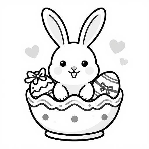 Cute black-and-white line drawing of a bunny sitting in a cupcake with a bow, holding a carrot, and smiling.