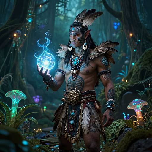 Fantasy elf warrior in elaborate feather and bead armor, holding glowing blue magical flame in dark, enchanted forest with bioluminescent mushrooms. Digital artwork