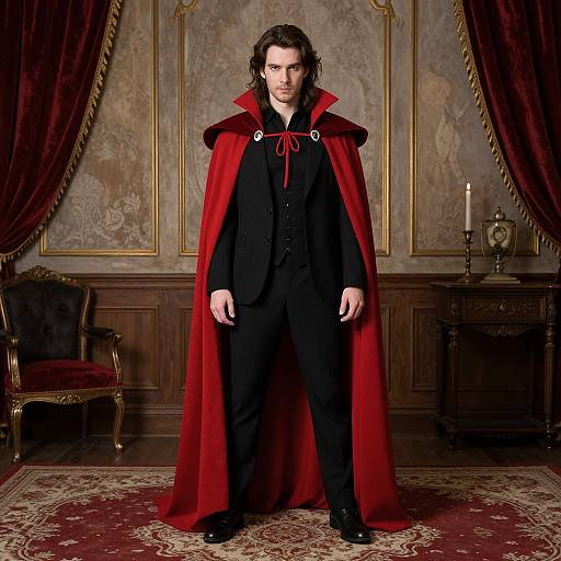 Photograph of a man with long dark hair, wearing a black suit and red velvet cape, standing in an ornate, vintage room with dark wood