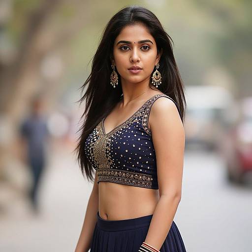 Photograph of a young Indian woman with long dark hair, wearing a black crop top with gold embroidery, black skirt, and large earrings, standing on