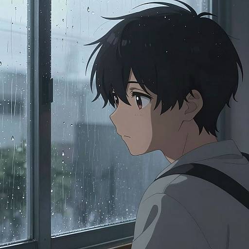 Anime-style digital drawing of a sad, black-haired boy with brown eyes, wearing a white shirt and black suspenders, gazing out a rainy window