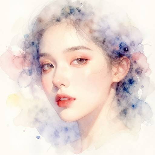 Watercolor portrait of a young woman with fair skin, red lips, and softly curled, light brown hair, blending into a white background.