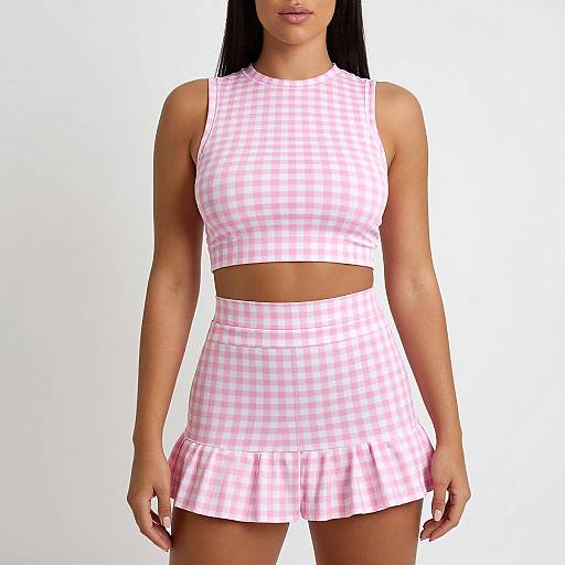Photograph of a woman with medium brown skin wearing a pink and white checkered sleeveless crop top and flared mini skirt.