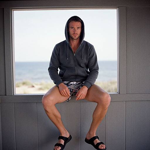Photograph of a bearded man with long dark hair, wearing a gray hoodie, black patterned shorts, and black sandals, seated with legs apart