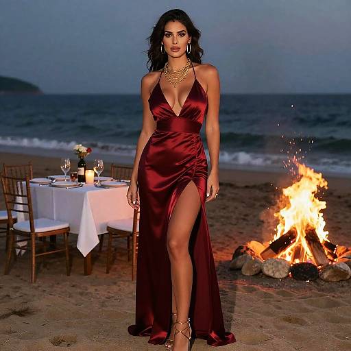 Woman in Red Satin Dress at Beach Bonfire Dinner