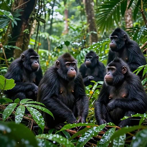 Photograph of five black-furred gorillas sitting among lush, green tropical foliage in a dense jungle, with sunlight filtering through the leaves.