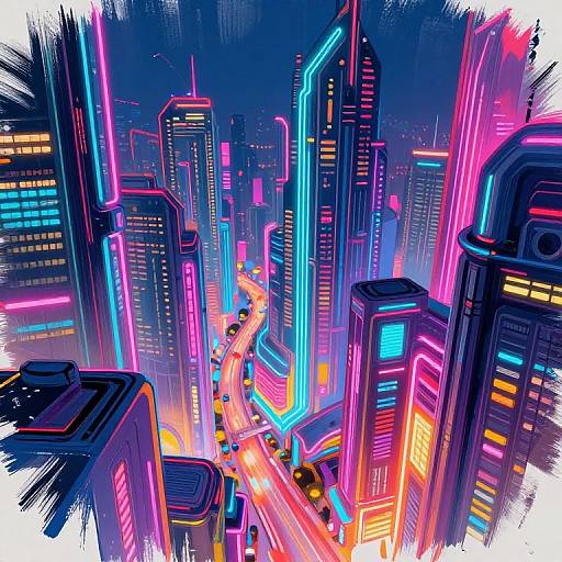 Neon-lit, futuristic cityscape digital art featuring vibrant pink, blue, and purple skyscrapers with illuminated signs and a busy highway below.
