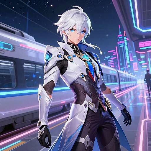 Digital anime artwork of a white-haired, blue-eyed male character in futuristic white armor with neon cityscape and speeding train at night.