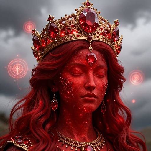 Digital artwork of a red-skinned, red-haired queen with closed eyes, adorned in a jeweled crown and necklace, surrounded by glowing red orbs against