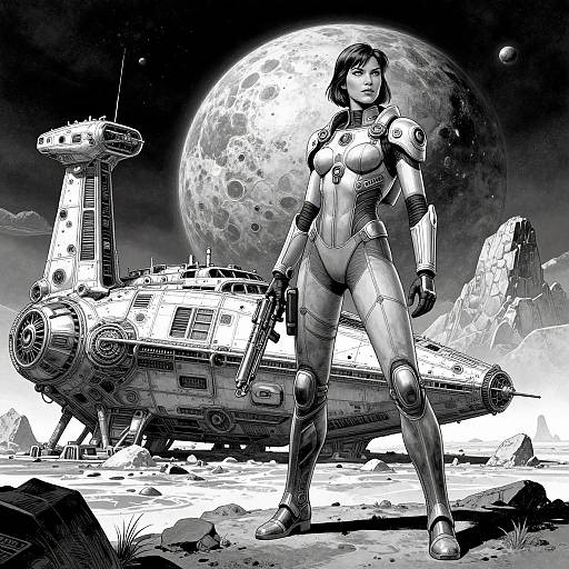 Black-and-white digital art of a cybernetic woman with gun standing confidently in front of a futuristic spaceship and moon.