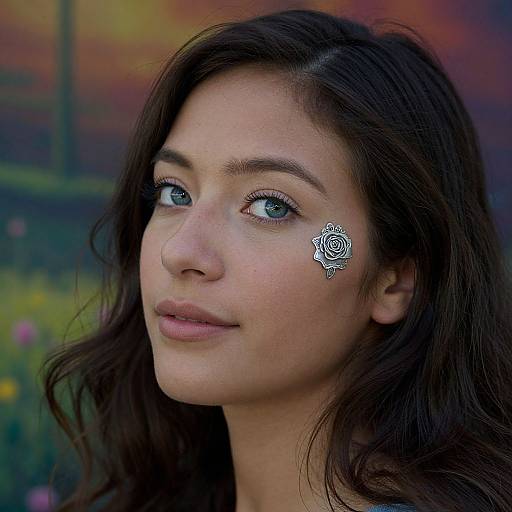 Photograph of a young woman with fair skin, blue eyes, and dark brown wavy hair, wearing a silver rose-shaped facial adornment, against