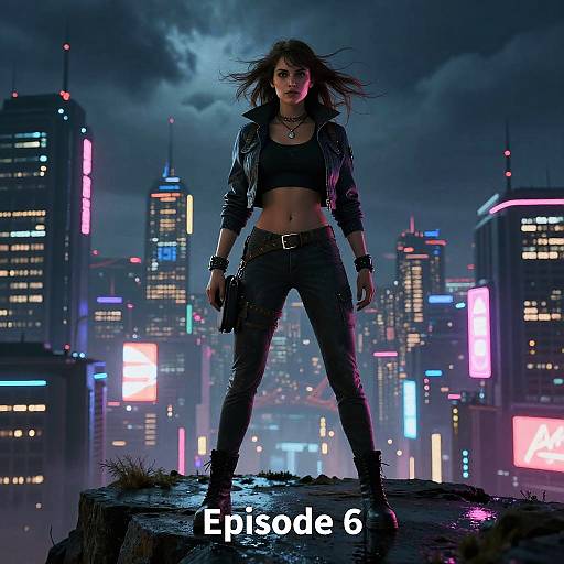 Digital art of a fierce, dark-haired woman in a black leather jacket and pants, standing on a rooftop at night, holding a gun, with neon