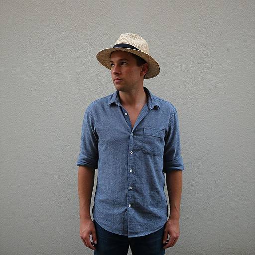 Photograph of a Caucasian man with light skin, wearing a straw hat, blue button-up shirt, and dark pants, standing against a plain white textured
