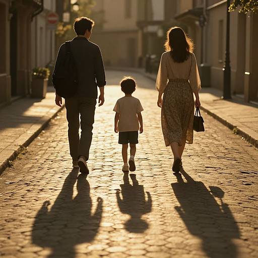 Photograph of a family of three—father, mother, and young son—walking down a sunlit, cobblestone street, casting long shadows
