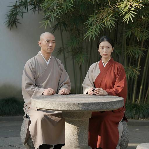 Serene Moment at a Bamboo Table