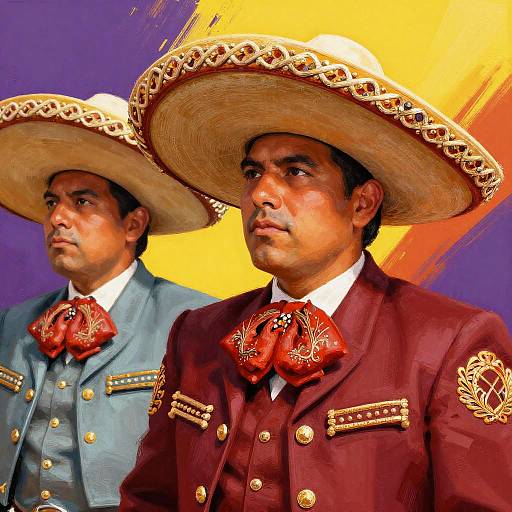 Photograph of two Mexican men in traditional charro suits, large straw sombreros, red bow ties, and blue and maroon jackets, against