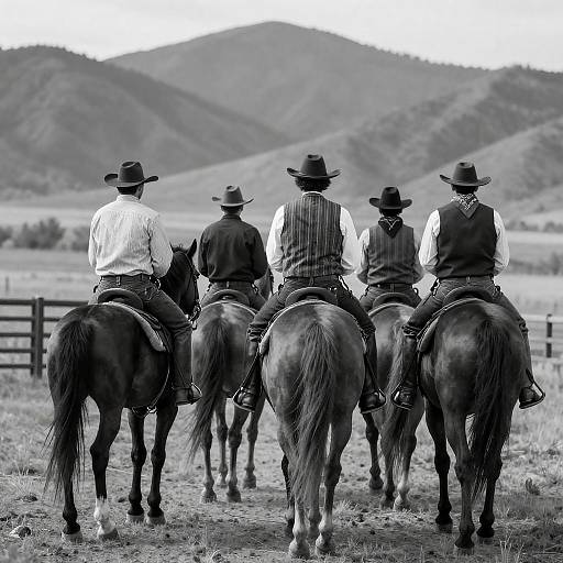 Cowboys Riding Away in Black and White