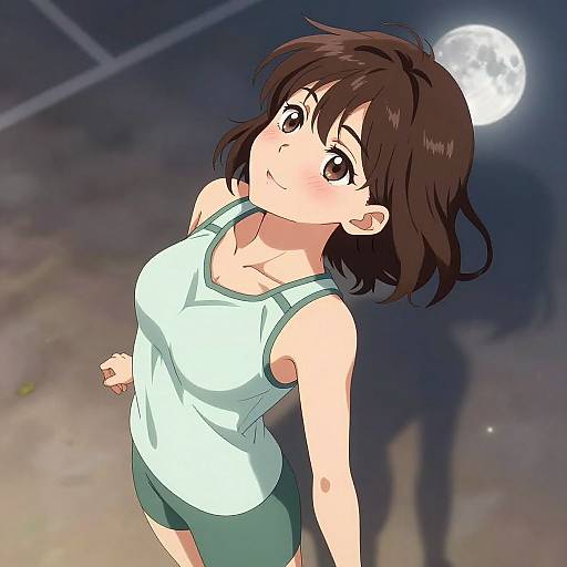 Anime-style digital drawing of a cute, brown-haired girl with short hair, wearing a white tank top and green shorts, looking up at a full moon