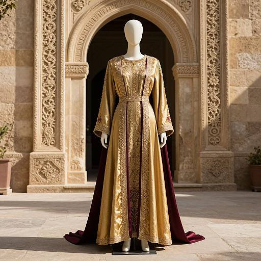 Photograph of a white mannequin wearing an ornate, gold and black long gown with intricate embroidery, standing in front of an elaborately carved