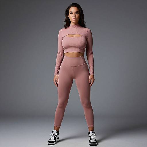 Photograph of a young woman with long black hair, wearing a pink, long-sleeve, crop top with cutout and matching high-wa