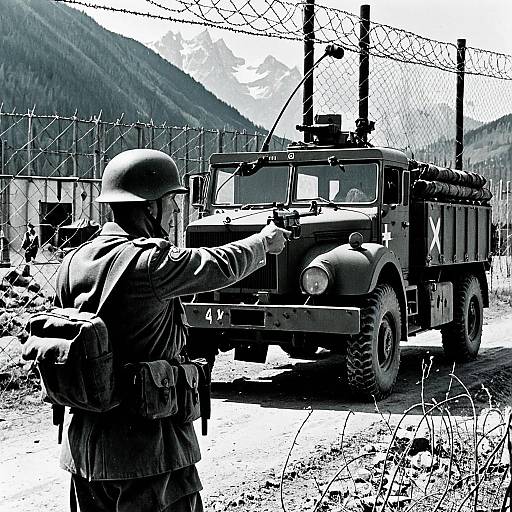 WWII German Soldier Halting at Military Gate