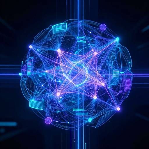 Digital CGI image of a glowing blue and purple 3D network sphere with interconnected lines, glowing nodes, and rectangular data blocks against a dark background.