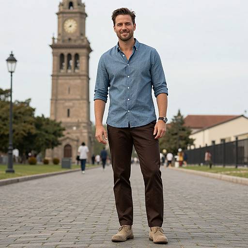 Photograph of a smiling, bearded man in a blue button-up shirt, brown pants, and tan boots standing on a cobblestone path with