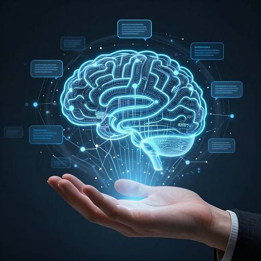 Digital illustration of a glowing blue brain hovering above an open hand, with holographic text boxes and lines, against a dark blue background.
