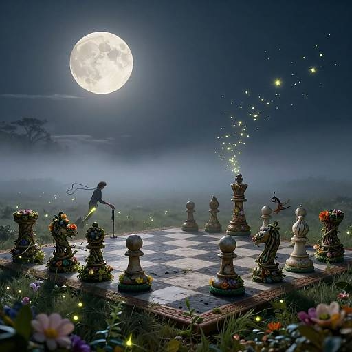 Dreamy night chess scene under full moon, illuminated by fireflies, with a tiny, wind-blown figure playing against large, flower-adorned