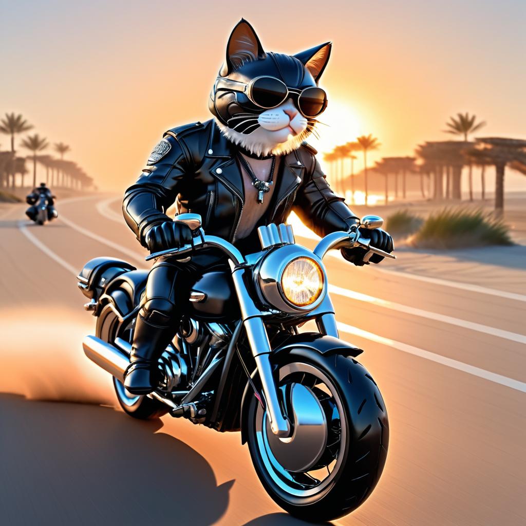 Biker Cat: Hyperrealistic Sunset Ride