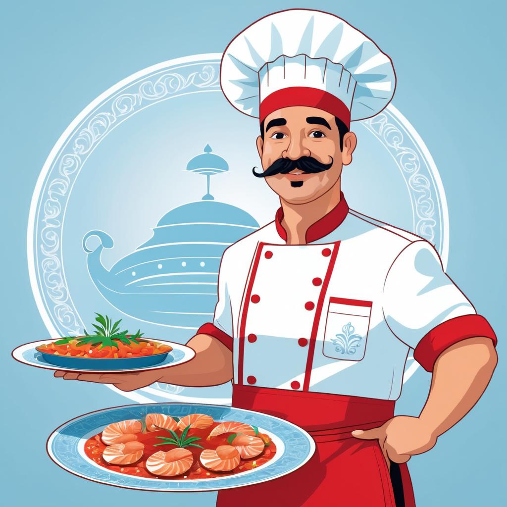 Cheerful Chef with Seafood Paella Illustration