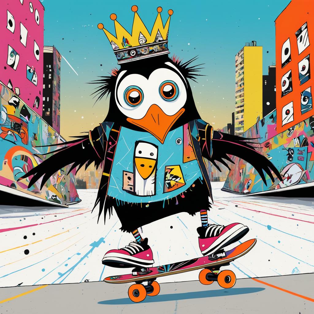 Penguin Skateboarding in Basquiat Style