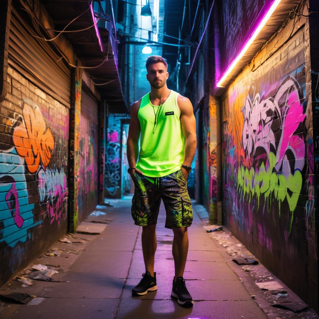 Urban Explorer in Neon Graffiti Alley