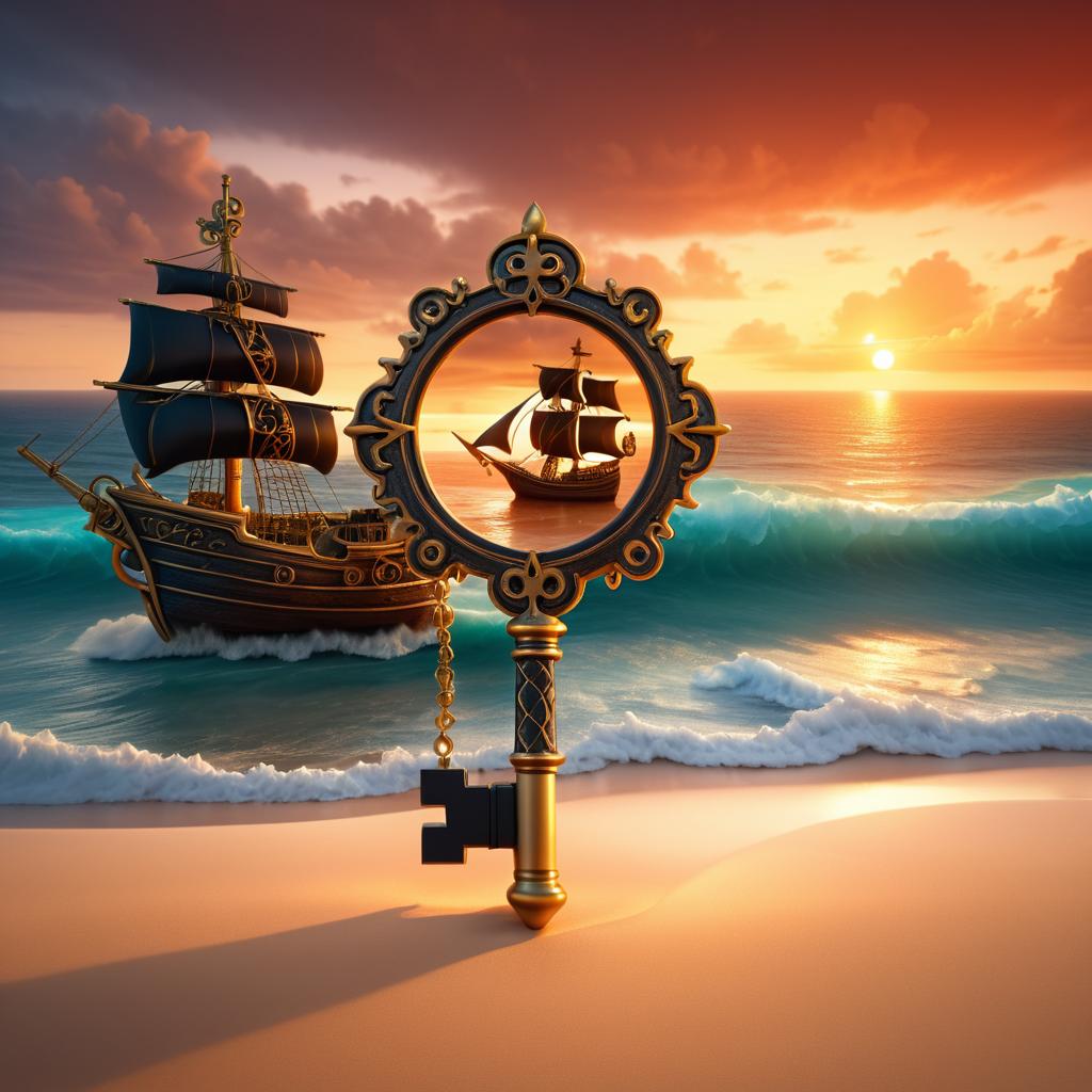 Ornate Key with Pirate Ship and Ocean